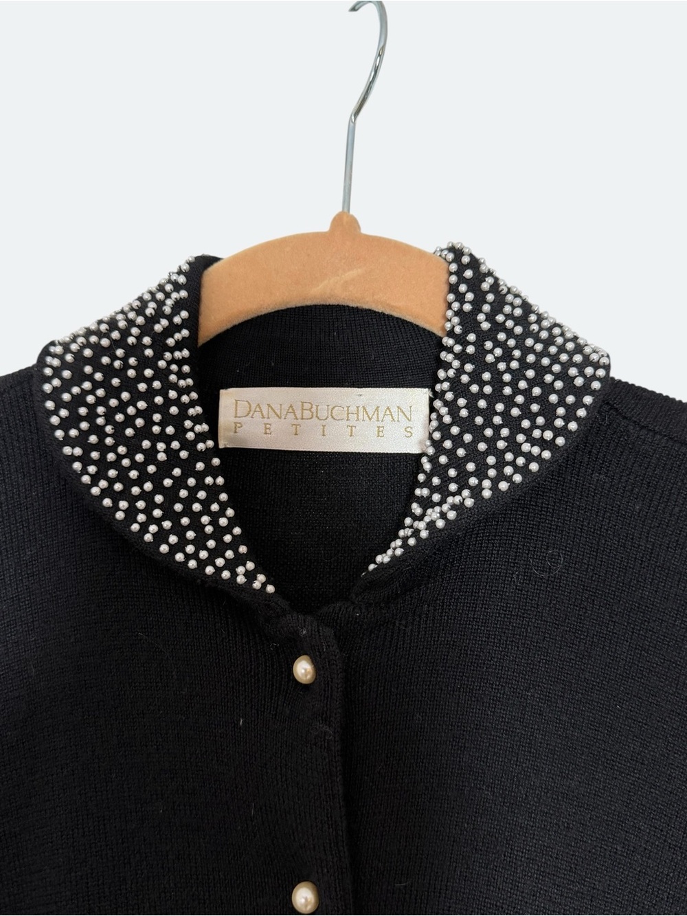 Dana Buchman Petites 100% Wool M Black Cardigan with White Dot-Print Trim
